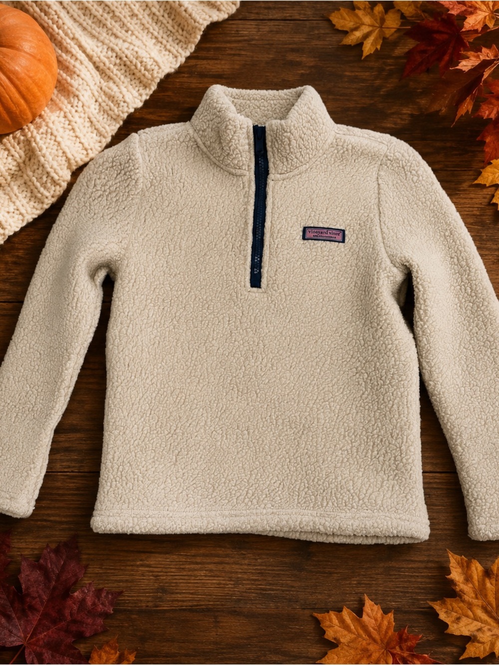 Vineyard Vines Kids Cream Sherpa 1/4-Zip Pullover with Navy Trim